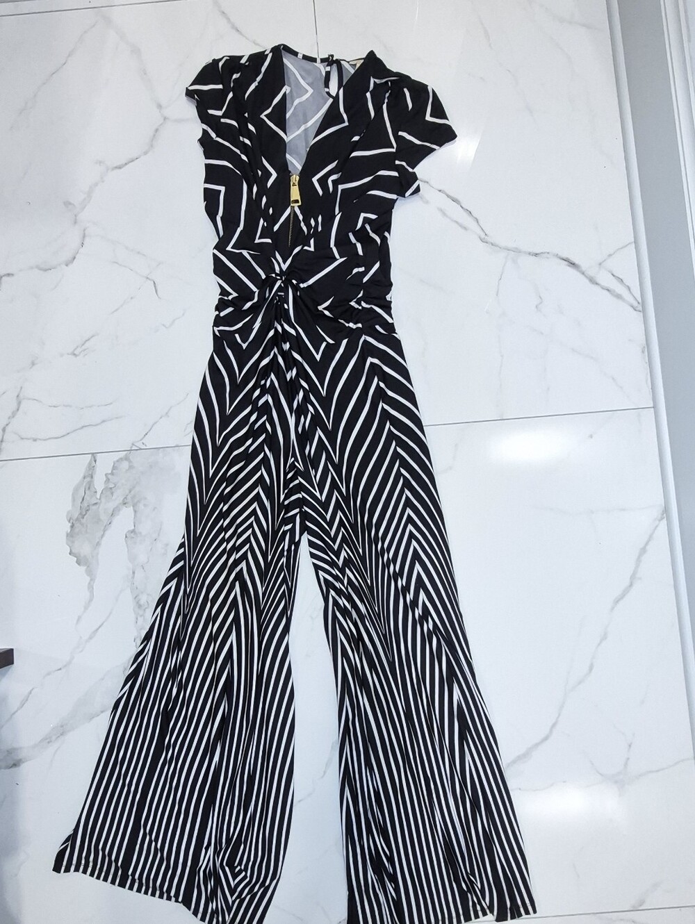 Black & White Striped Wide-Leg Knot-Front Jumpsuit